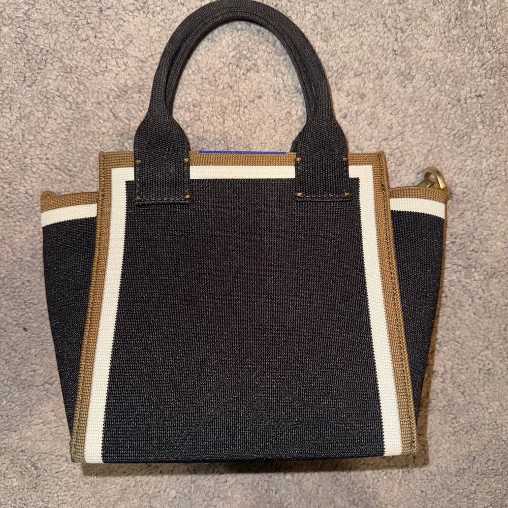 Rothy's Mini Tote in Black with Cream and Brown Trim